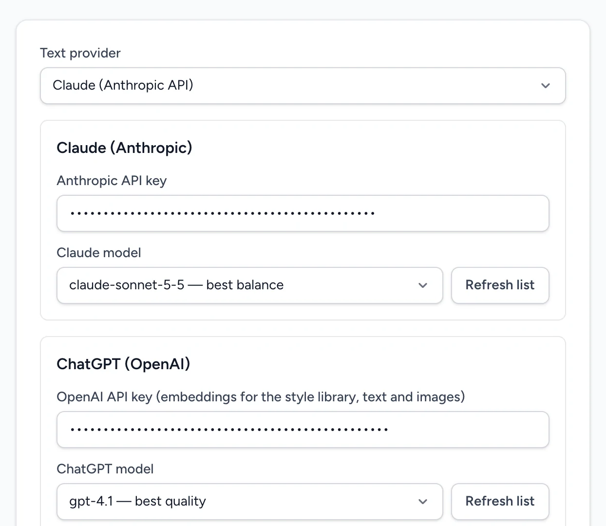 Ajustes de ContentBeast: elige Claude o ChatGPT, el umbral de calidad y cuánto puede decidir la IA